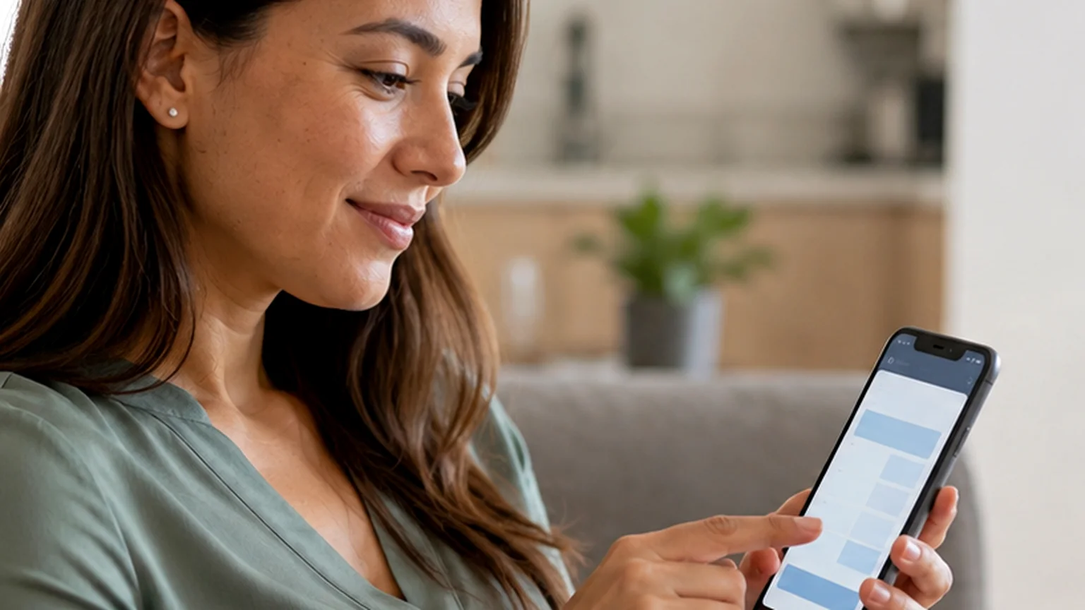 Mujer revisando una interfaz de salud desde su teléfono