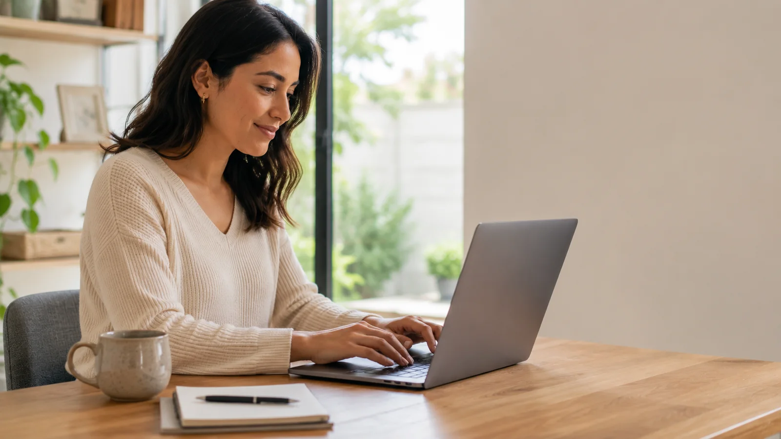 Mujer revisando información de salud en un notebook desde un espacio de trabajo en casa