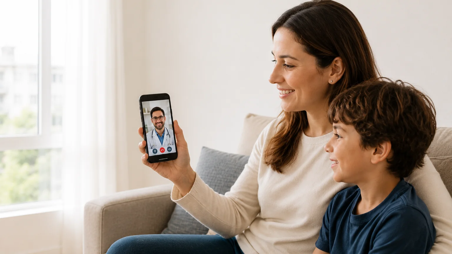 Madre e hijo conversando por videollamada con un profesional de salud desde su hogar